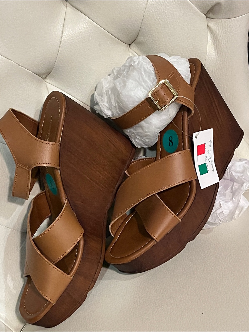 Christian Di Riccio Brown Leather Platform Wedge Sandals Size 8 Made in Italy